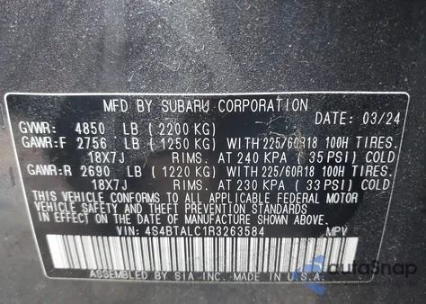 2024 Subaru Outback Onyx Edition z USA, uszkodzony, nr VIN 4S4BTALC1R3263584